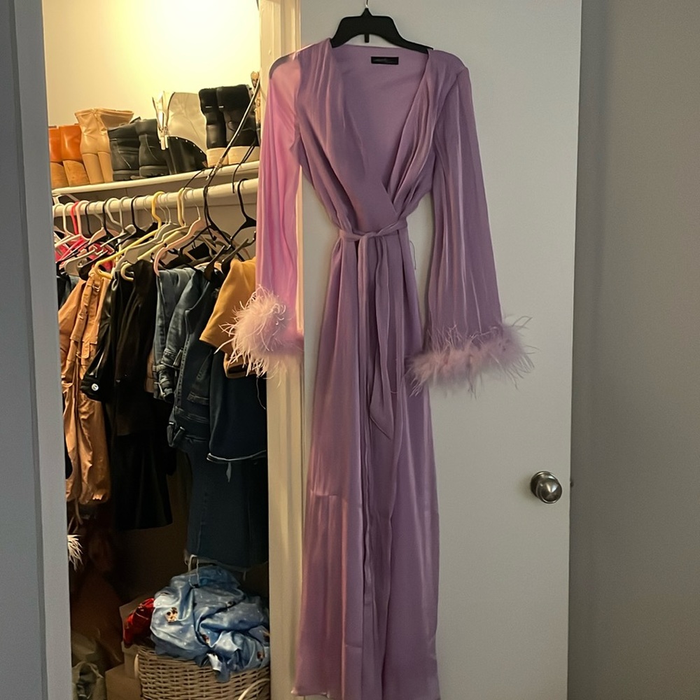 Lilac wrap maxi with feather trim